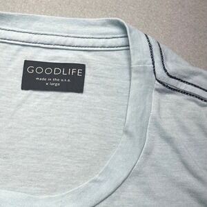 Goodlife Mens XL Light Blue Curved Hem Crew Neck T-Shirt Made USA Contrast Trim